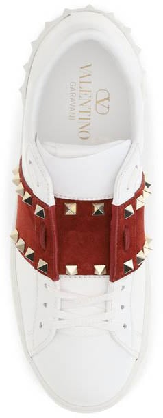 White Leather Sneakers with Red Suede Strap