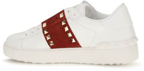 White Leather Sneakers with Red Suede Strap