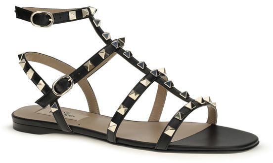 Valentino Garavani Black Calf Leather Bos Taurus Flat Sandals