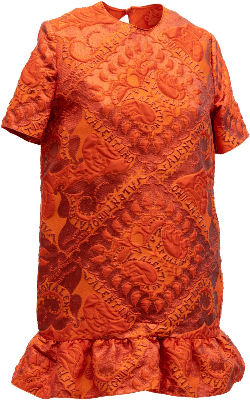 Valentino Garavani Orange Short Sleeve Ruffle Hem Dress