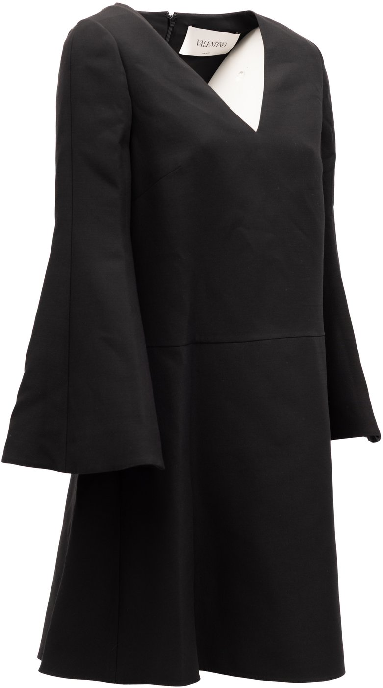 Valentino Garavani Black V-Neck Dress with Flared Sleeves