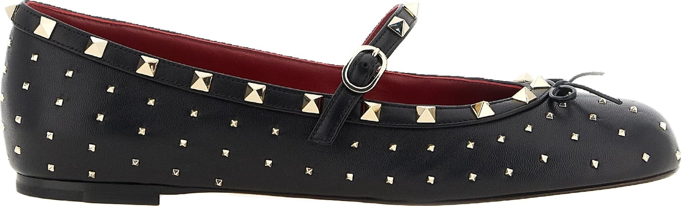 Rockstud Rounded Toe Adjustable Strap Leather Ballet Flats