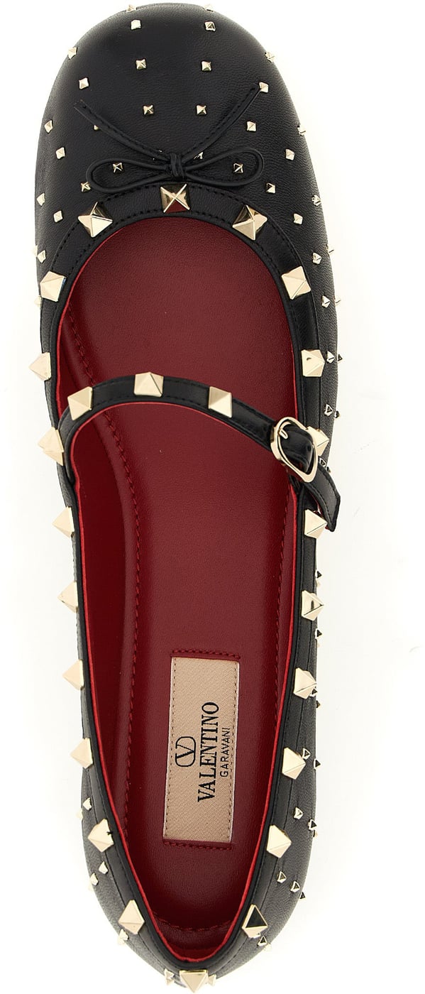 Rockstud Rounded Toe Adjustable Strap Leather Ballet Flats