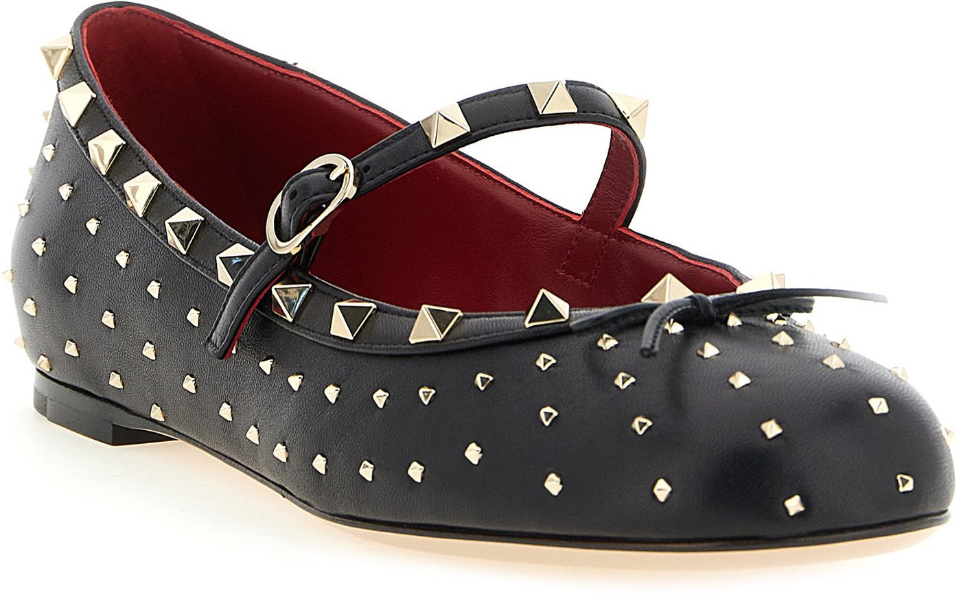 Rockstud Rounded Toe Adjustable Strap Leather Ballet Flats