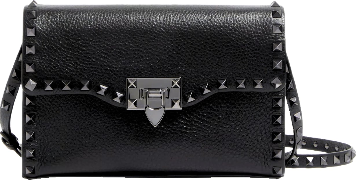 Valentino Garavani Small Rockstud Grainy Calfskin Crossbody Black Bag