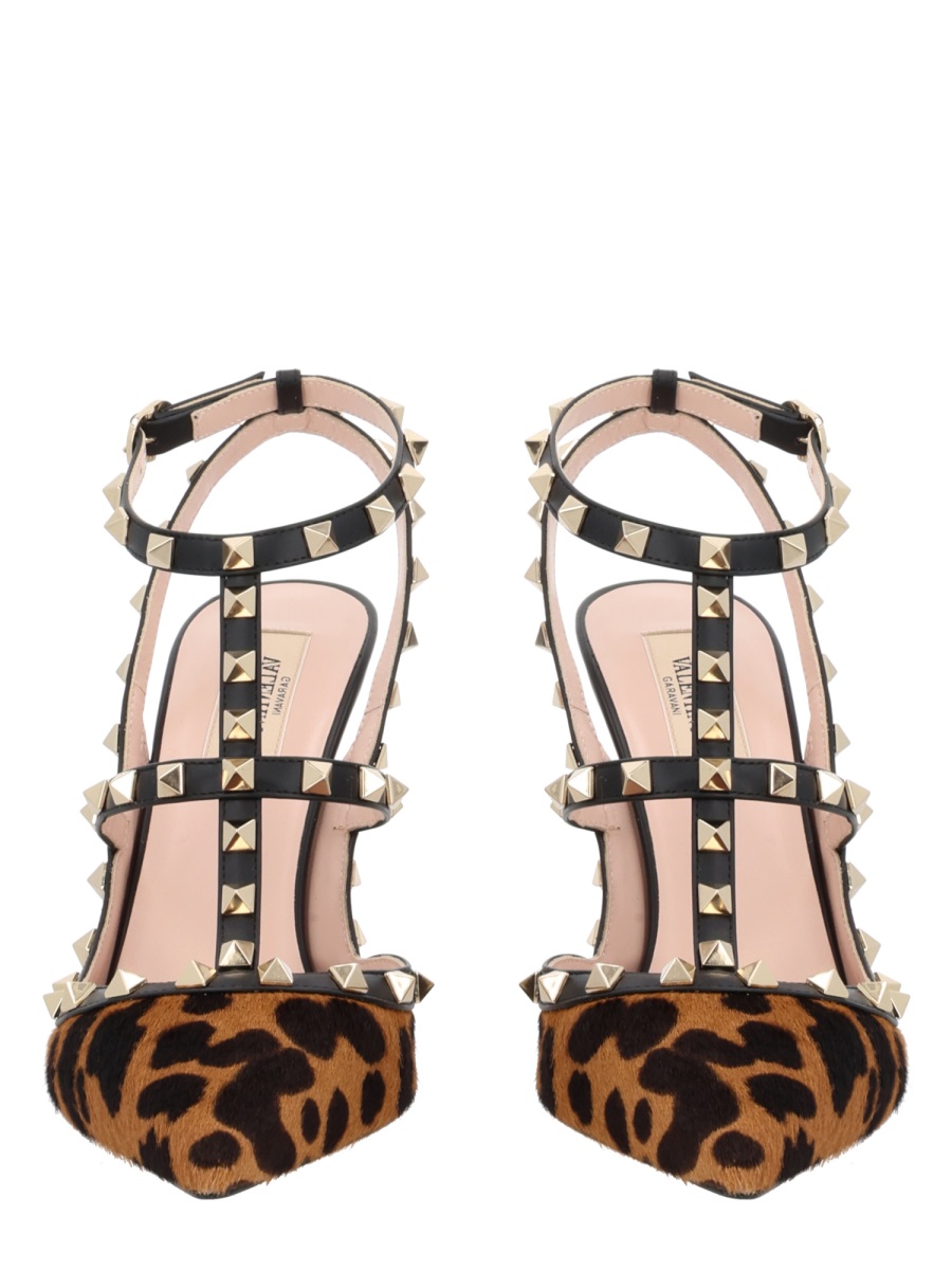 Leopard Rockstud Leather Pointed Ankle Pumps