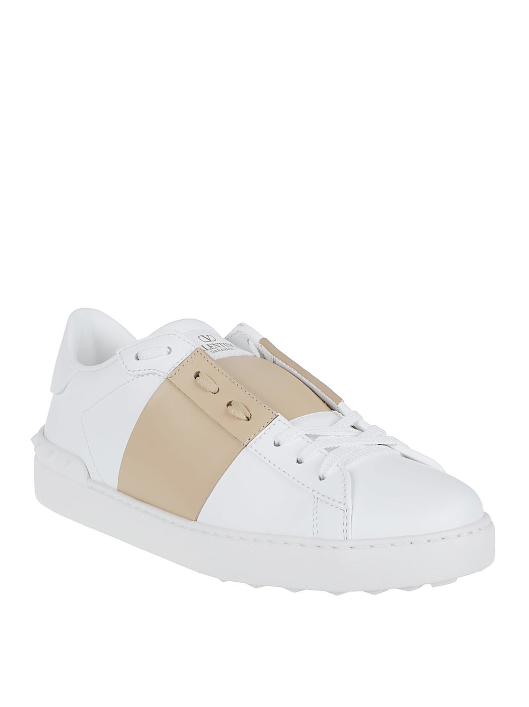 Open Beige Strap Studded Leather Sneakers