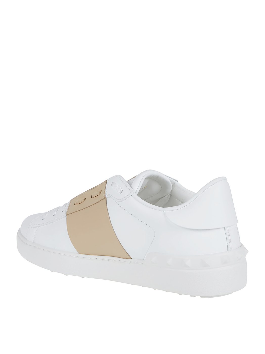 Open Beige Strap Studded Leather Sneakers