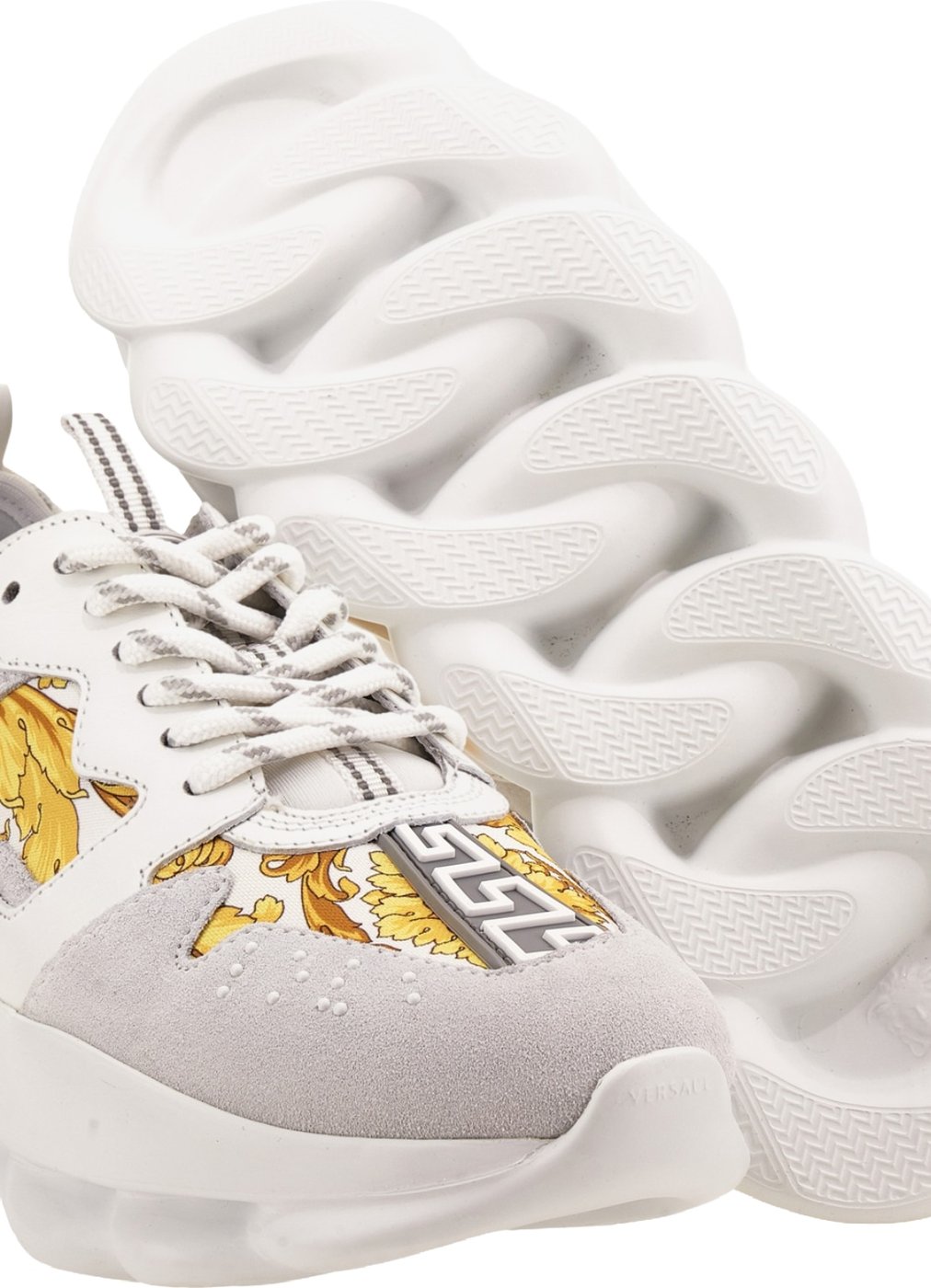 Versace Chain Reaction V2 Barocco Women's Leather Sneakers White Gold