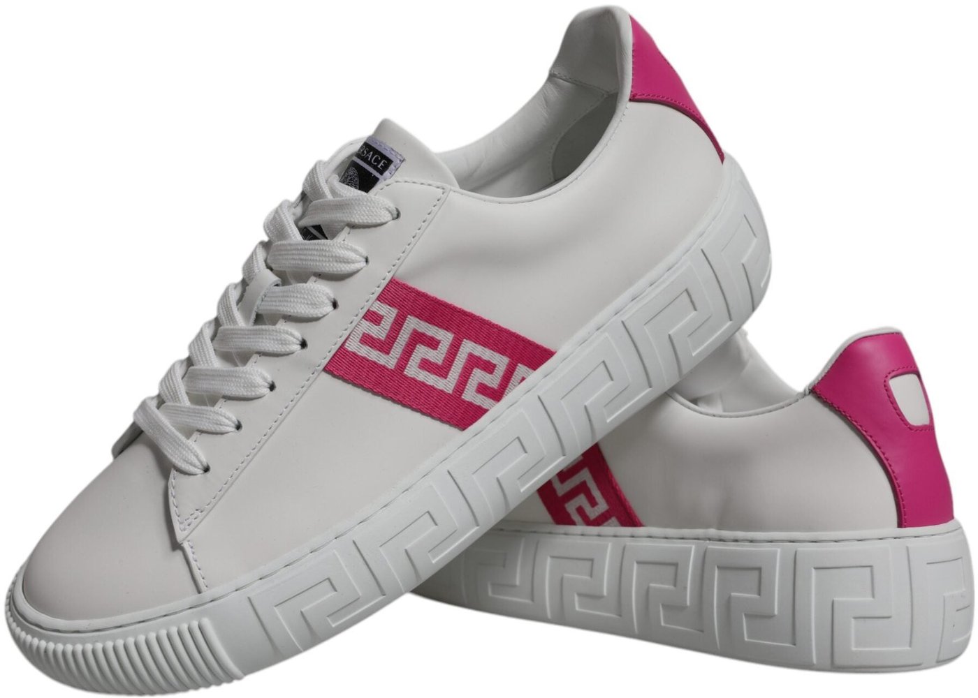 Versace White Pink Greca Print Platform Low Top Sneakers Shoes