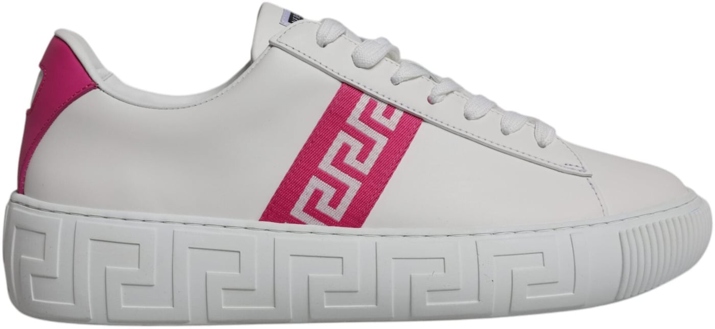 Versace White Pink Greca Print Platform Low Top Sneakers Shoes