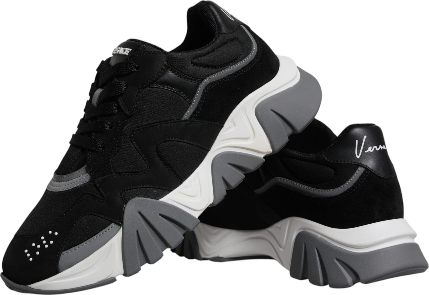 Versace Black Leather Neoprene Chunky Low Top Sneakers Squalo Shoes