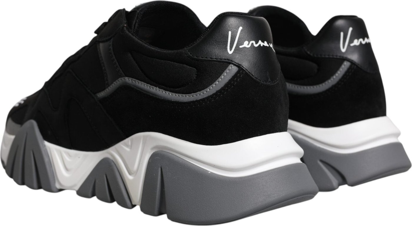 Versace Black Leather Neoprene Chunky Low Top Sneakers Squalo Shoes