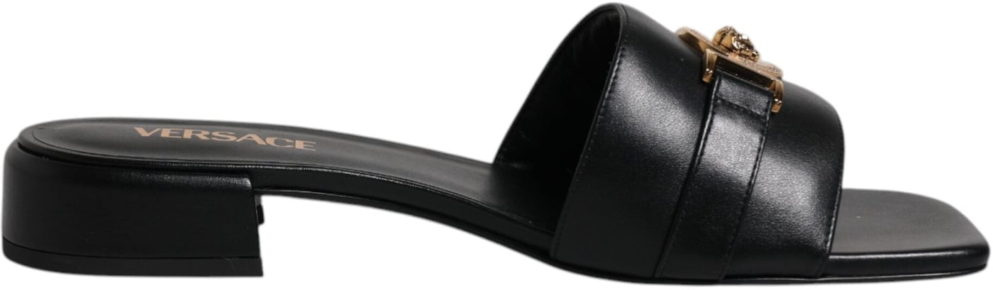 Versace Black Leather Logo Plaque Slip On Slides Flats Shoes