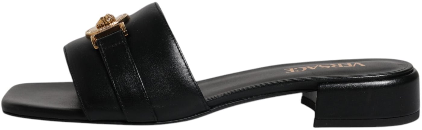 Versace Black Leather Logo Plaque Slip On Slides Flats Shoes