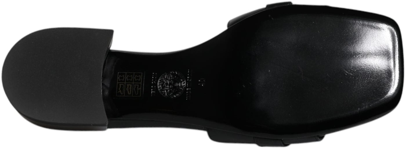 Versace Black Leather Logo Plaque Slip On Slides Flats Shoes