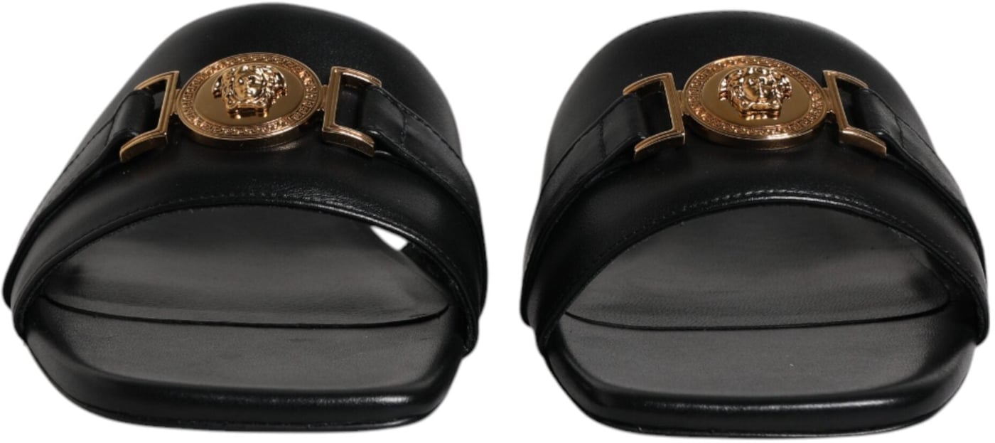 Versace Black Leather Logo Plaque Slip On Slides Flats Shoes
