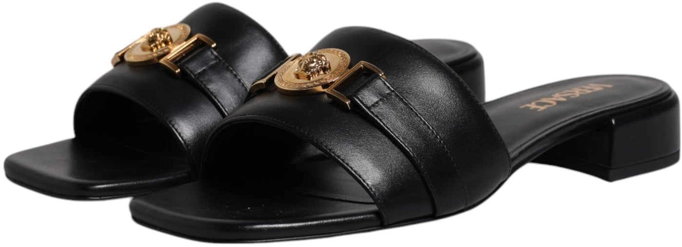 Versace Black Leather Logo Plaque Slip On Slides Flats Shoes