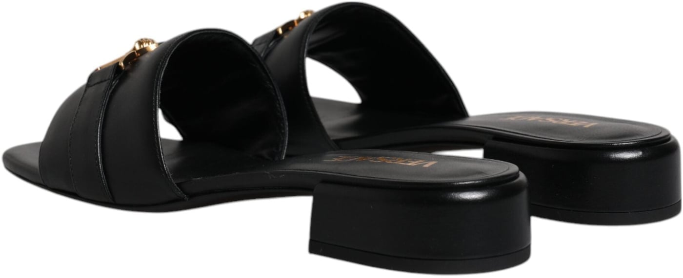 Versace Black Leather Logo Plaque Slip On Slides Flats Shoes