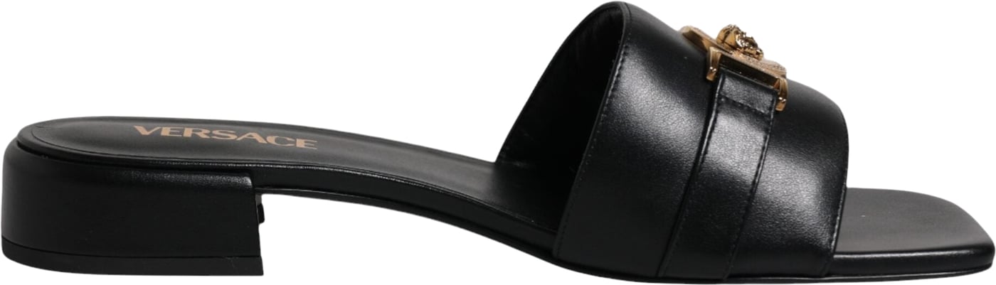 Versace Black Leather Logo Plaque Slip On Slides Flats Shoes