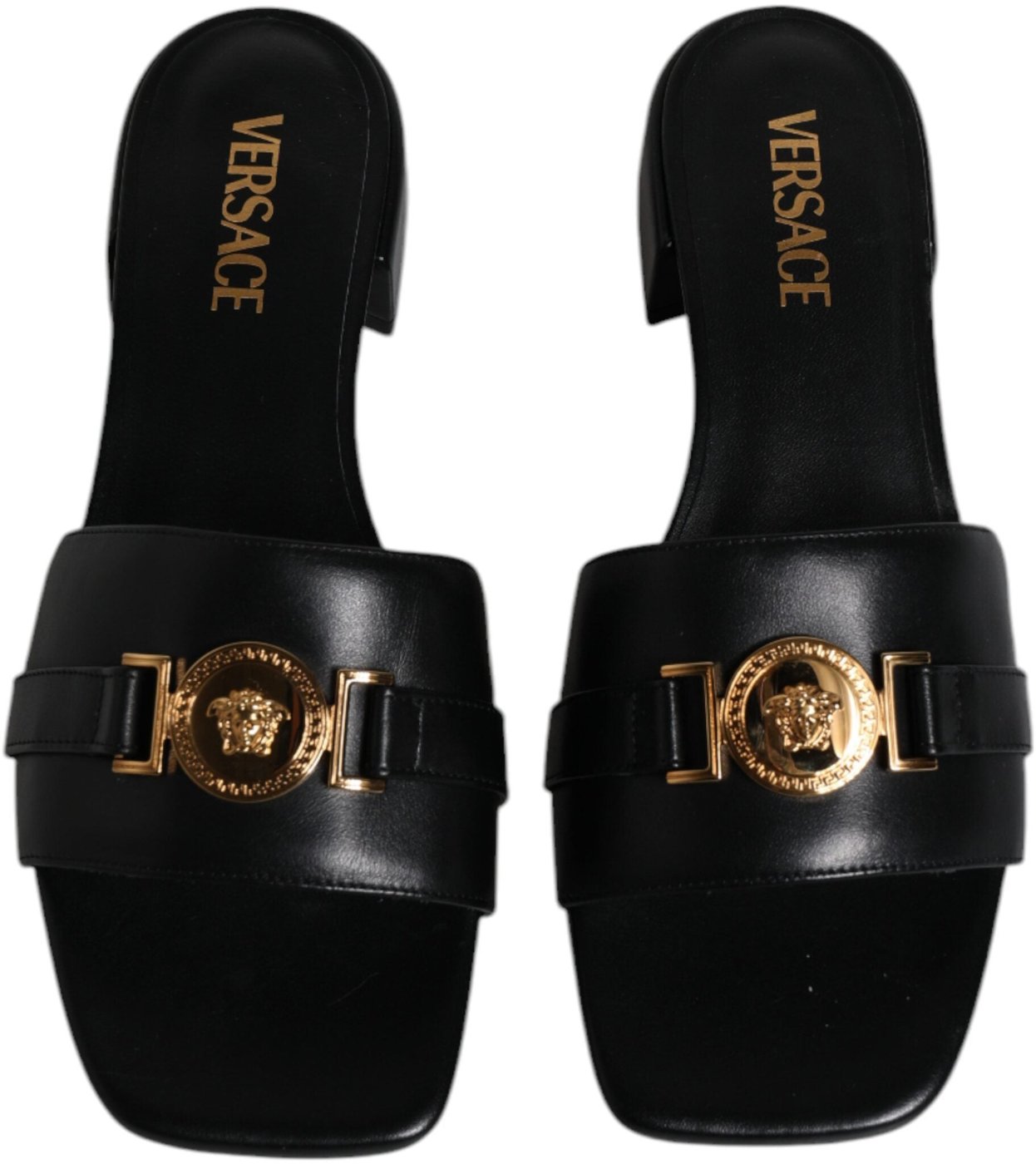 Versace Black Leather Logo Plaque Slip On Slides Flats Shoes