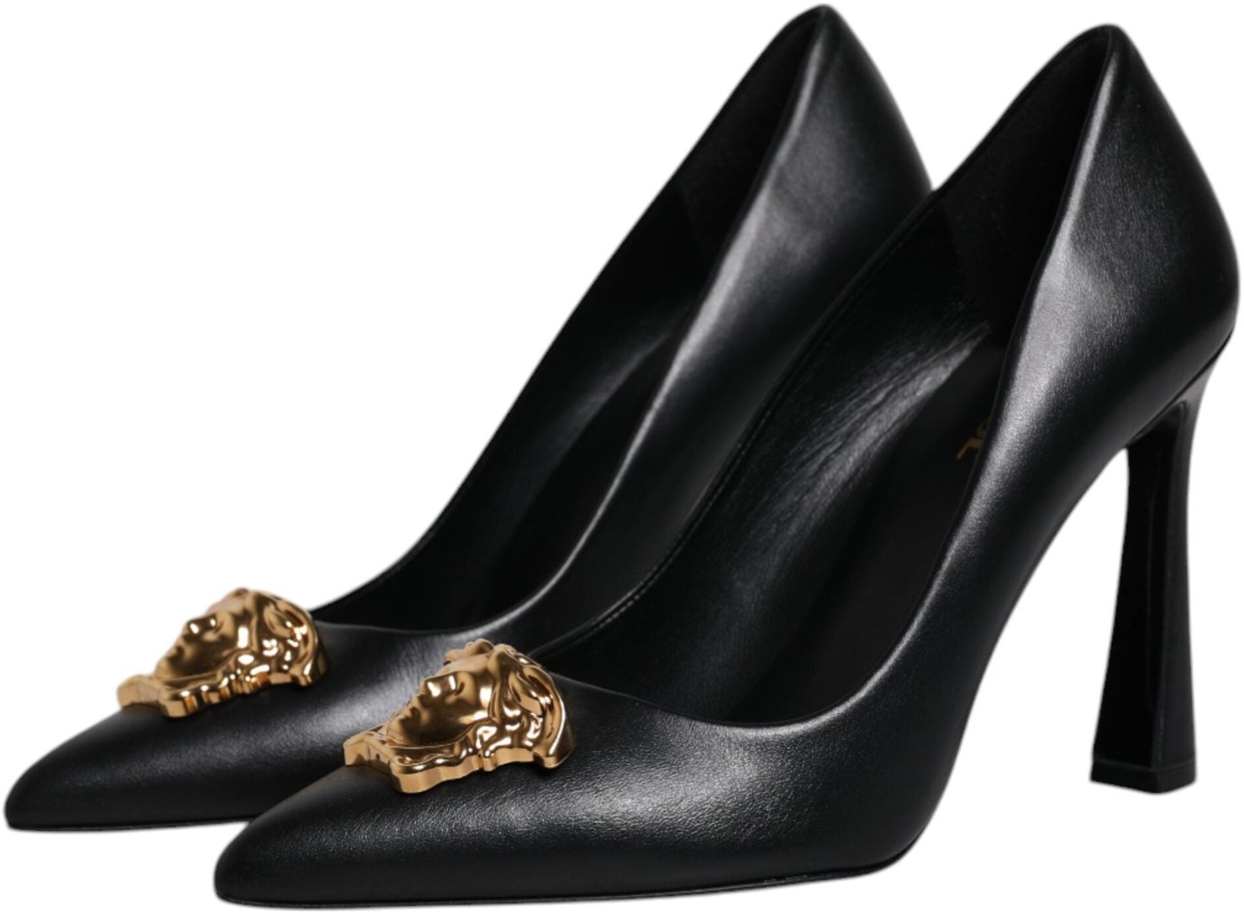 Versace Black Leather Logo Plaque High Heels Pumps Shoes