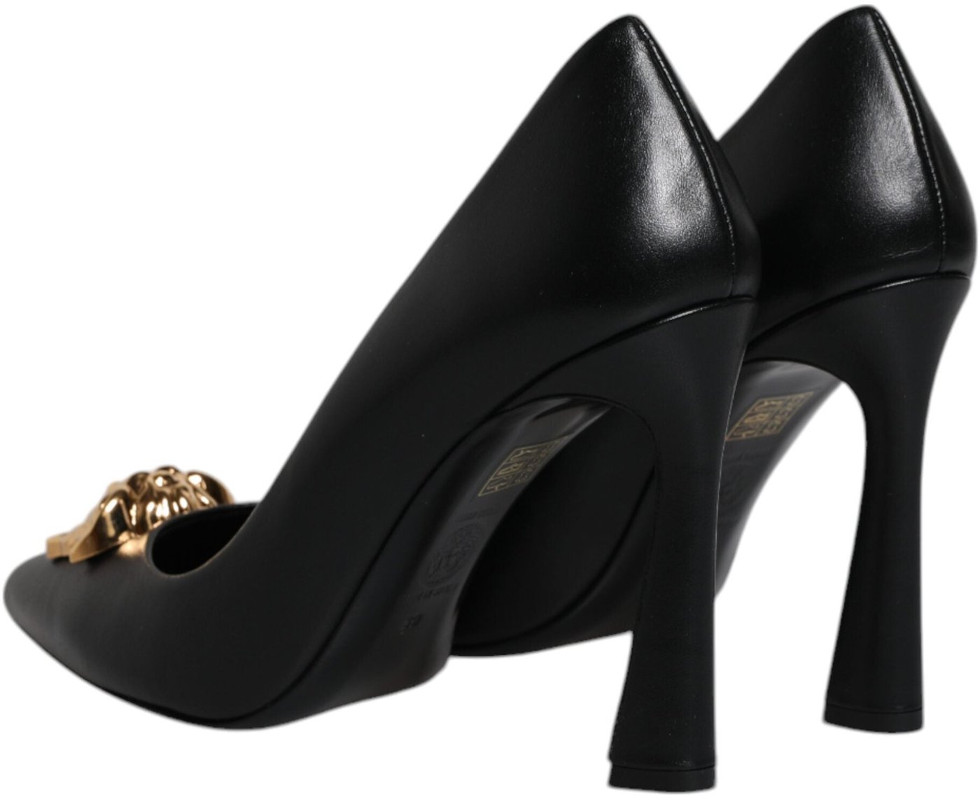 Versace Black Leather Logo Plaque High Heels Pumps Shoes