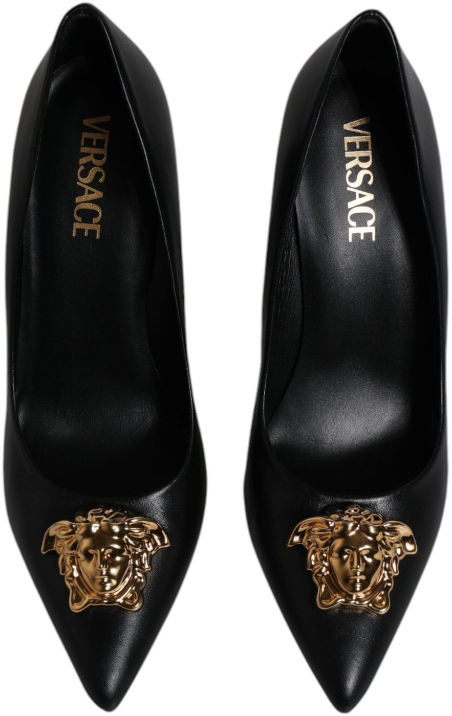 Versace Black Leather Logo Plaque High Heels Pumps Shoes