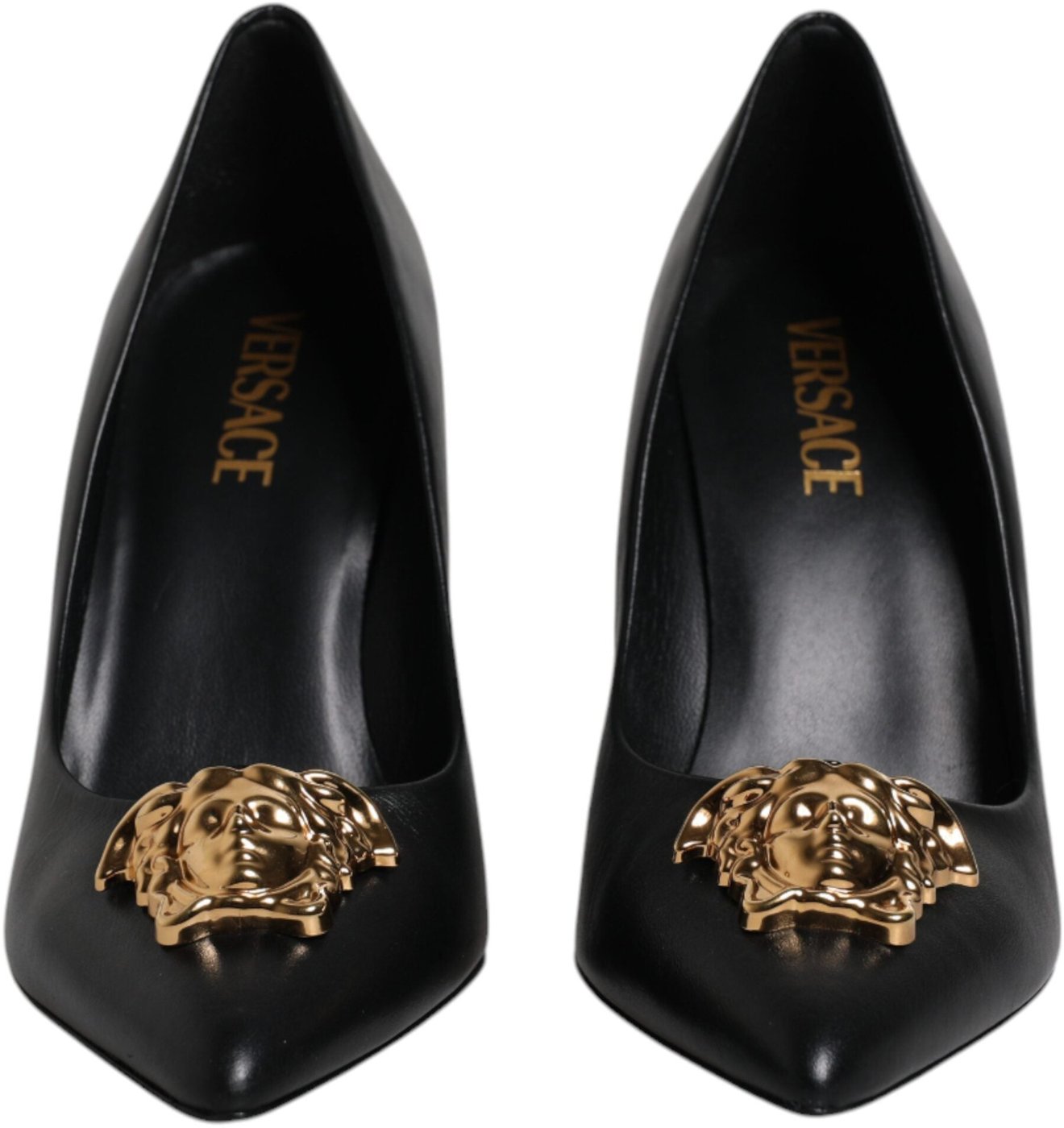Versace Black Leather Logo Plaque High Heels Pumps Shoes