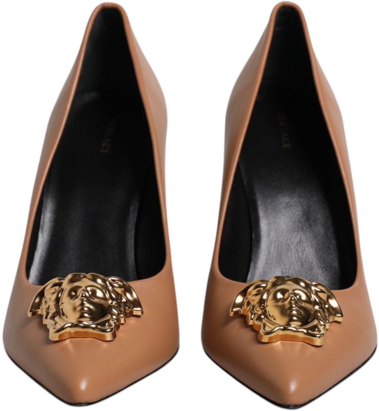 Versace Brown Leather Logo Plaque High Heels Pumps Shoes