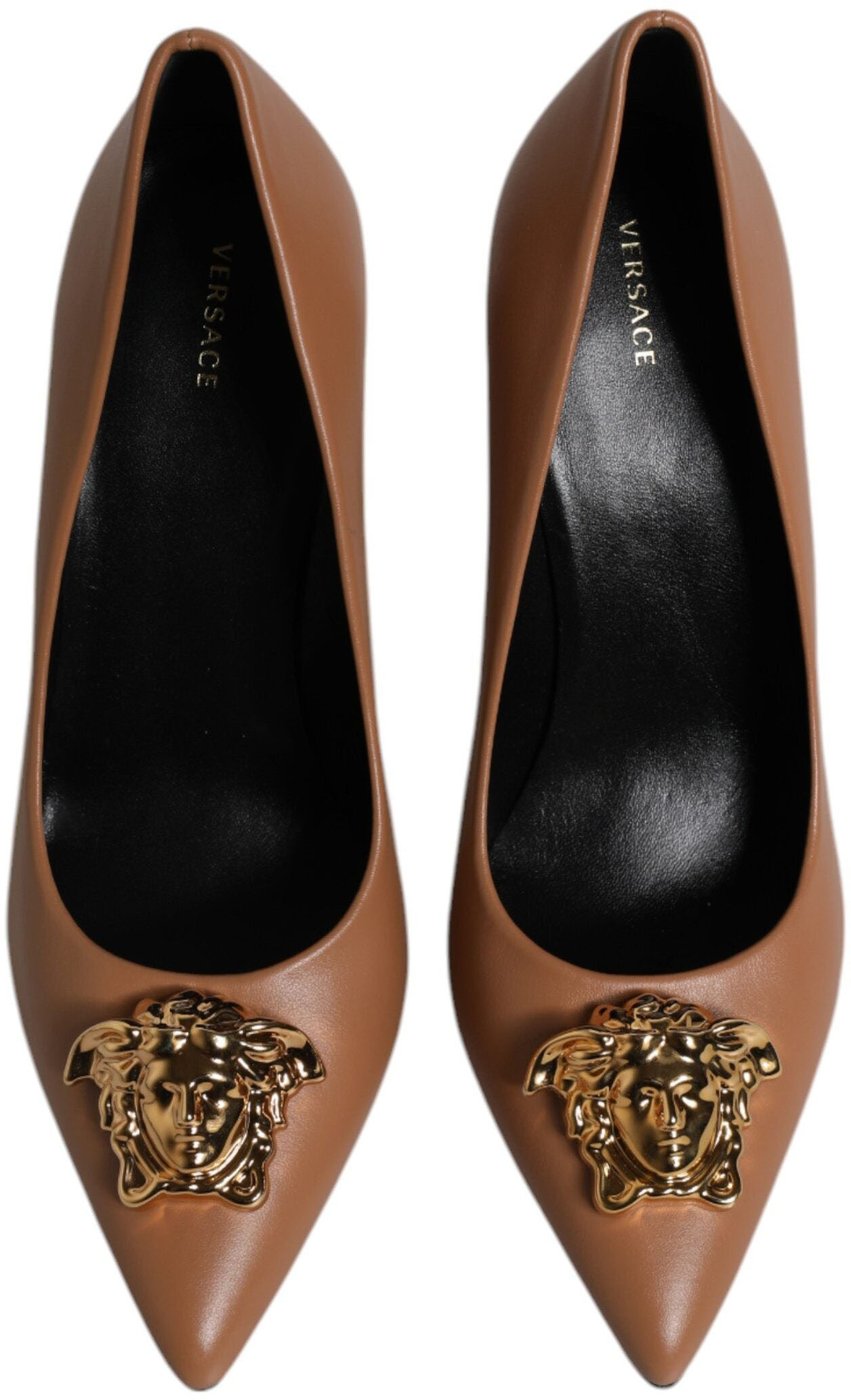 Versace Brown Leather Logo Plaque High Heels Pumps Shoes