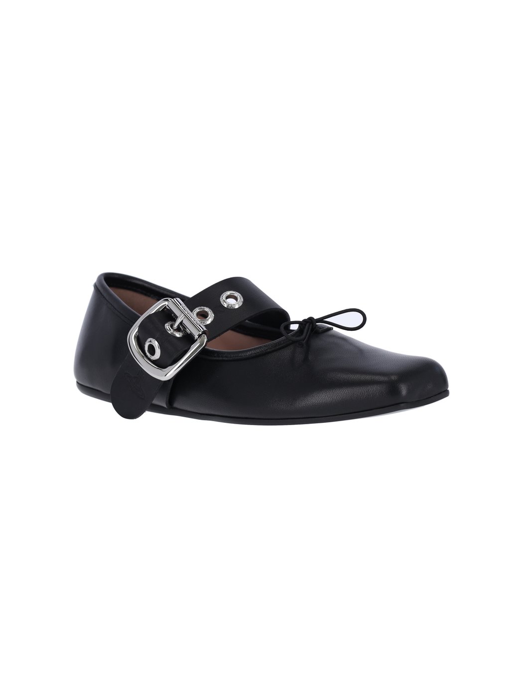 Black Lamb Leather Ballerina Flats with Silver Buckle