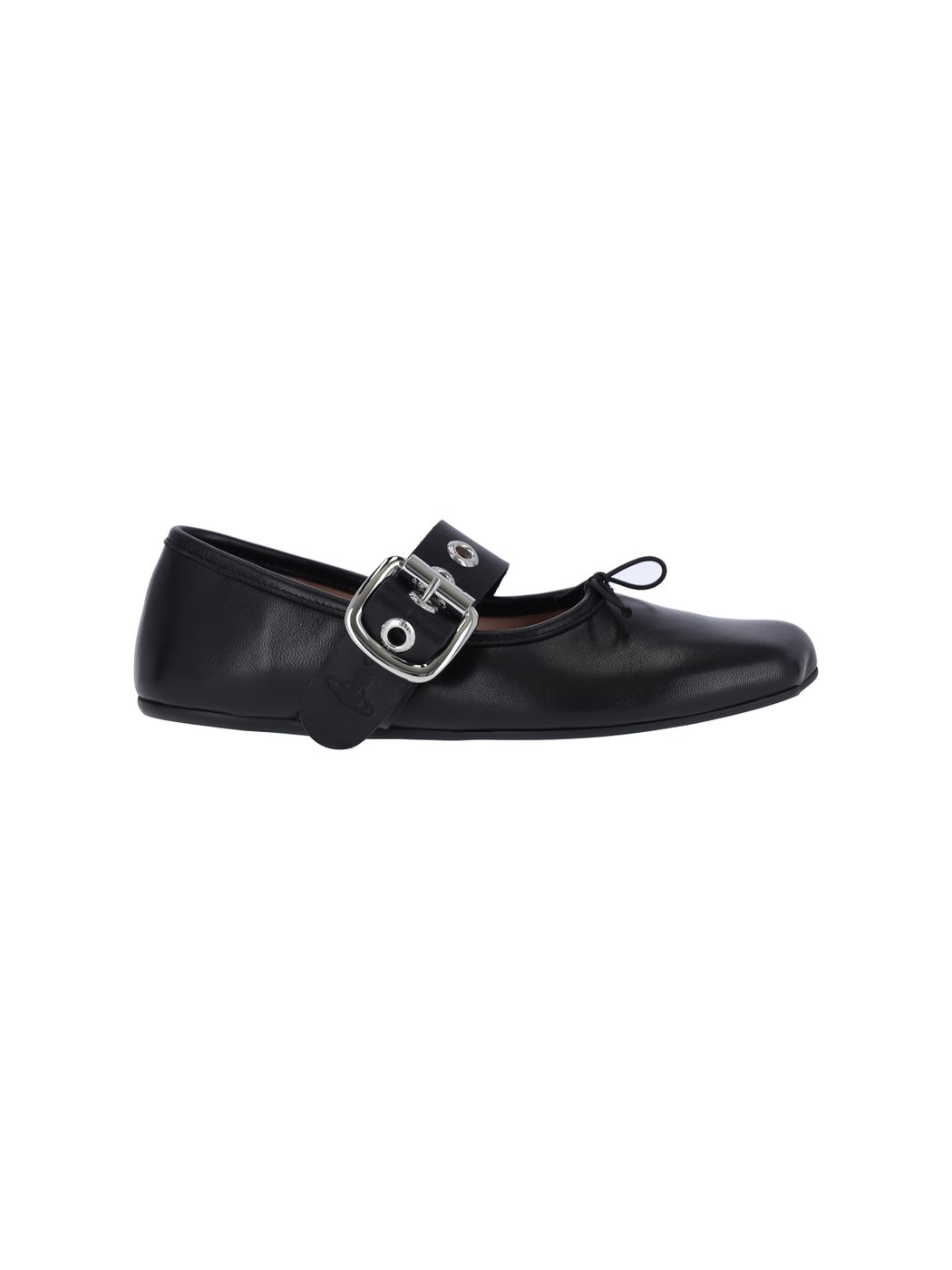 Black Lamb Leather Ballerina Flats with Silver Buckle