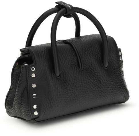 Structured Black Leather Handbag With Silver-Tone Hardware