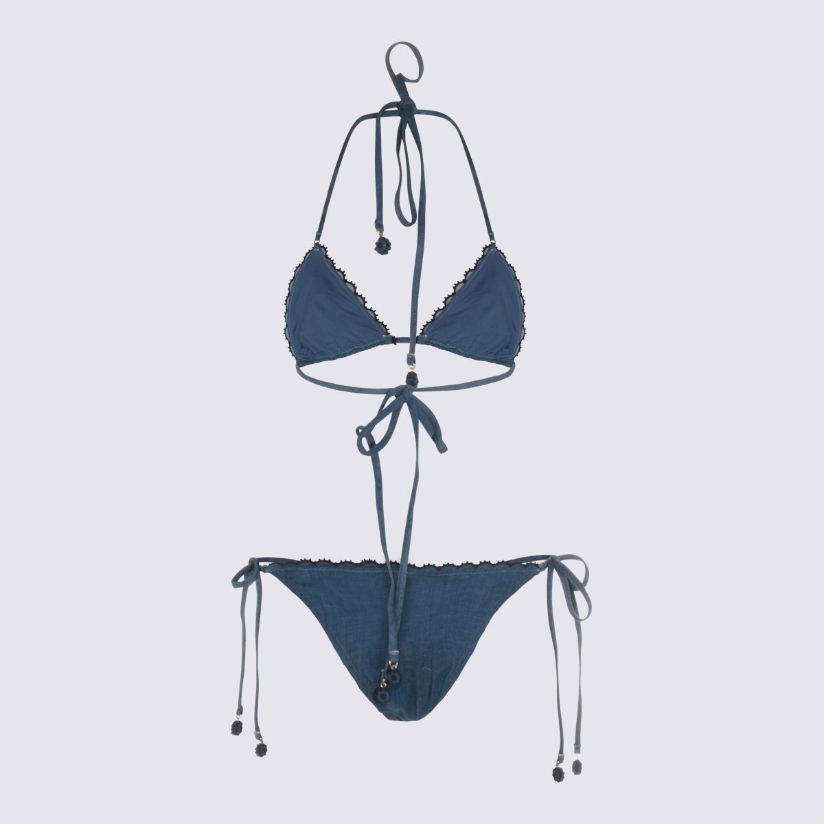 Intricately Embroidered Denim-Like Bikini Set with Scalloped Edges