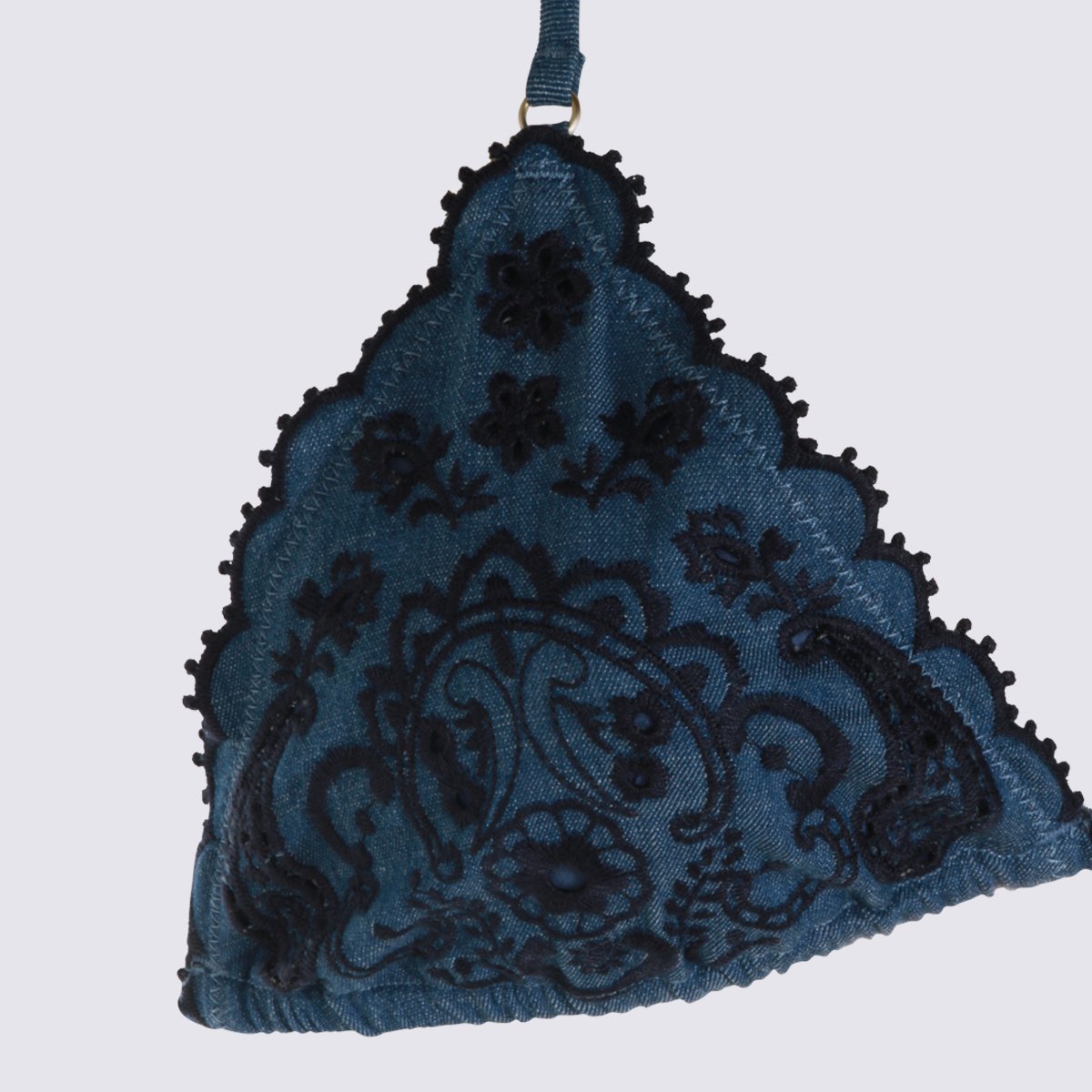 Intricately Embroidered Denim-Like Bikini Set with Scalloped Edges