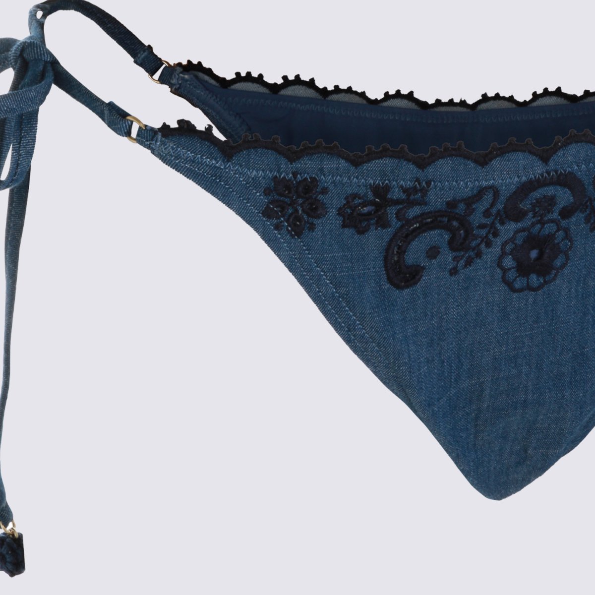 Intricately Embroidered Denim-Like Bikini Set with Scalloped Edges