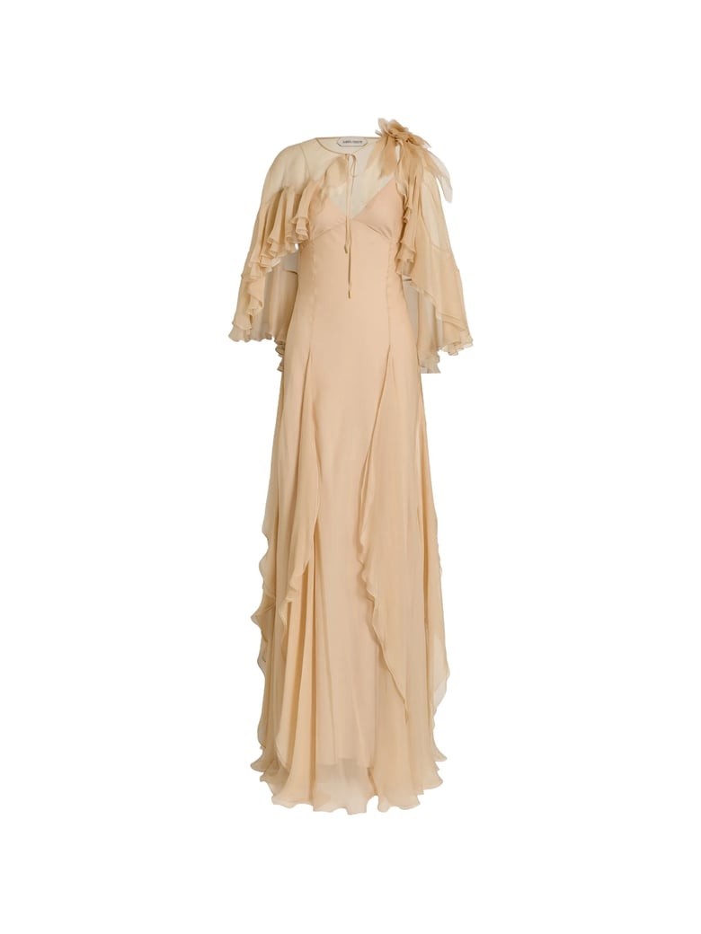 Flowing Maxi Dress With Sheer Overlay And Ruffled Edges