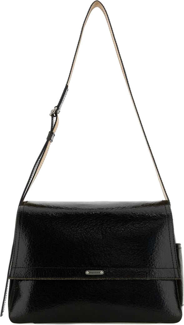 Structured Black Leather Bag with Flap Closure