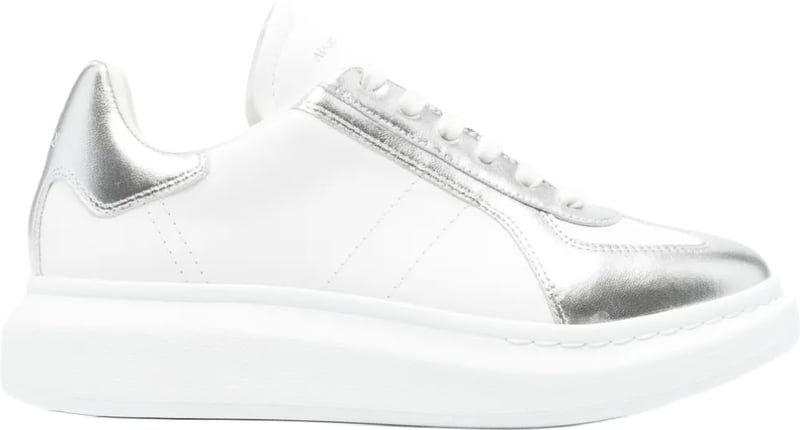 Alexander McQueen Men's Oversized Metallic-Panel Sneakers White Silver