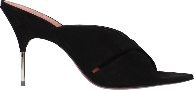 Amina Muaddi Black Leather Stiletto Heel Sandals