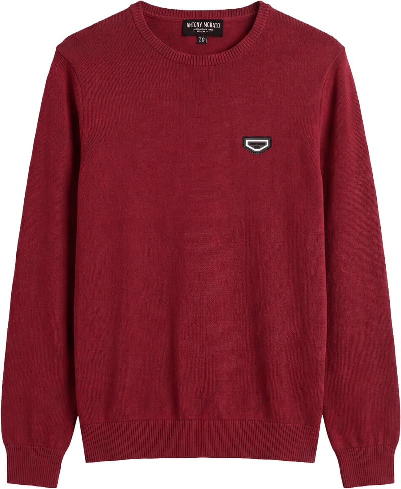 Wine regular-fit crew-neck sweater in soft cotton with logo on metal badge