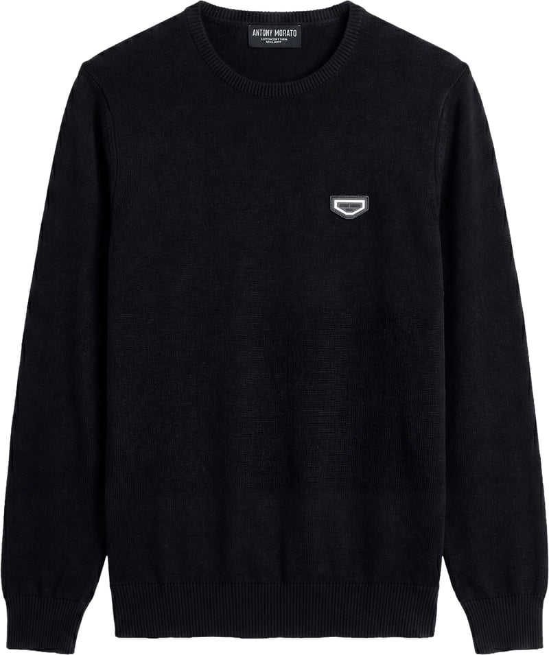 Black regular-fit crew-neck sweater in soft cotton with logo on metal badge