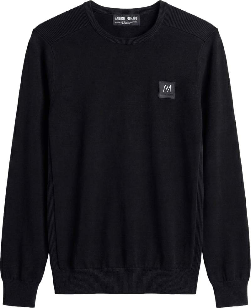 Black regular-fit long-sleeve crew-neck sweater in viscose with metal logo on rubber patch
