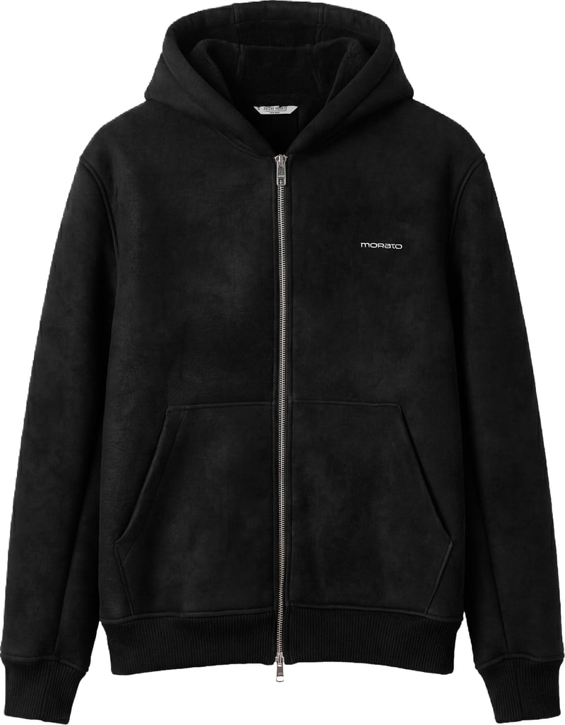 Black regular-fit hooded coat in faux leather
