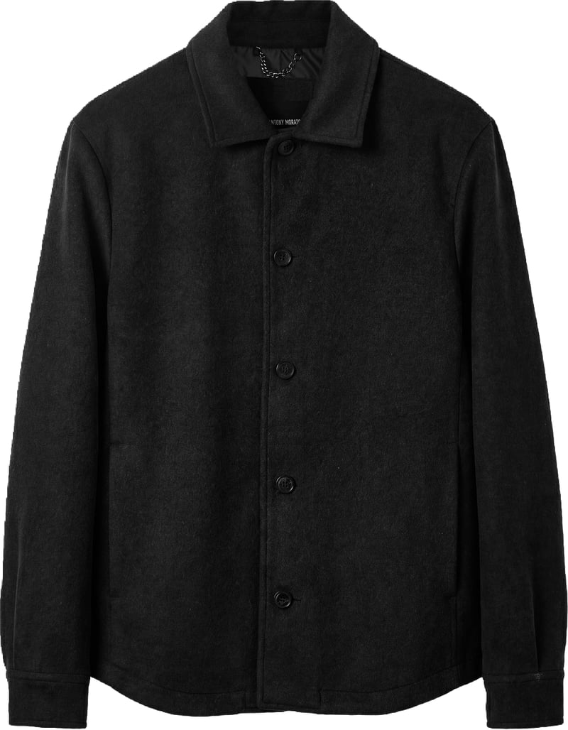 Black relaxed-fit coat in melton wool with logo on metal badge