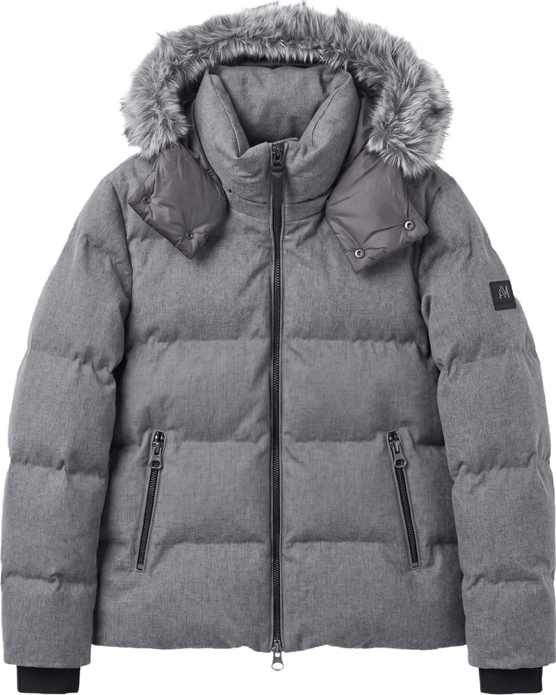 Medium grey melange relaxed-fit coat in herringbone technical fabric with eco-padding and faux fur hood