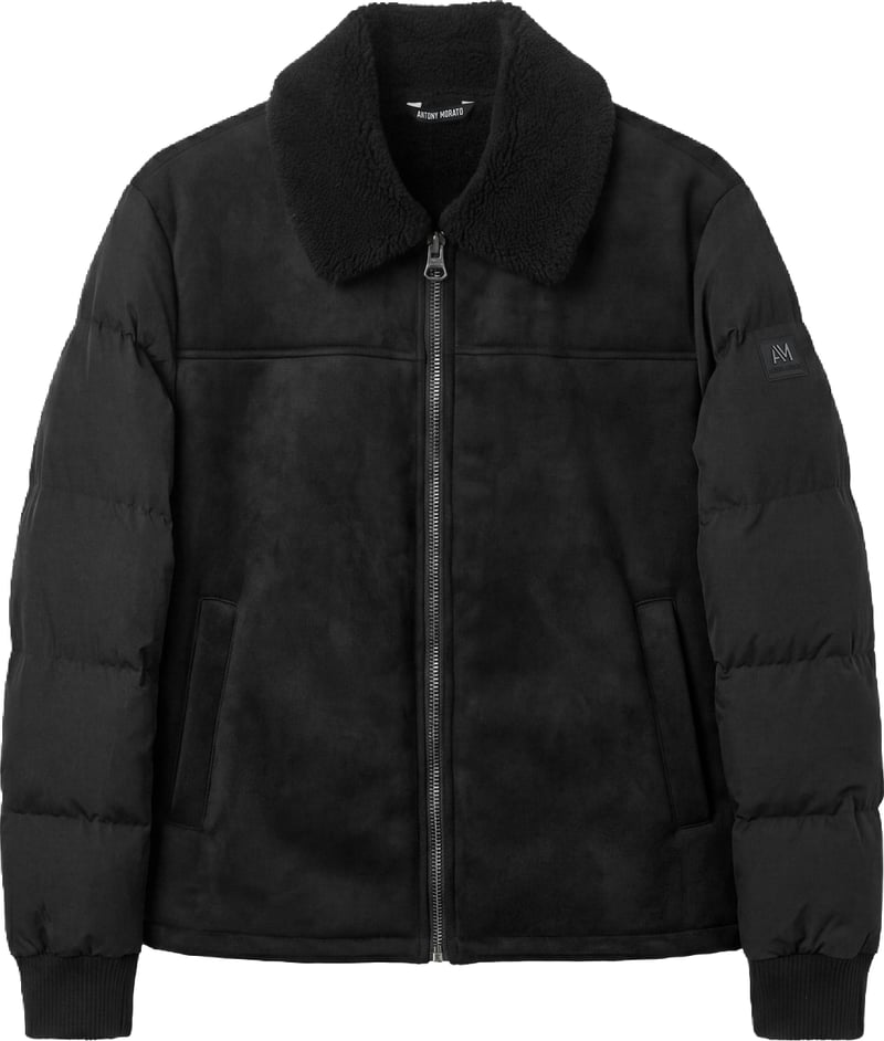 Black regular-fit coat in faux fur with padded techno-fabric sleeves
