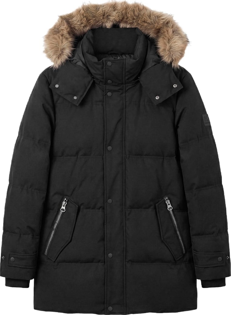 Black relaxed-fit coat in waterproof techno fabric with logo on rubber patch