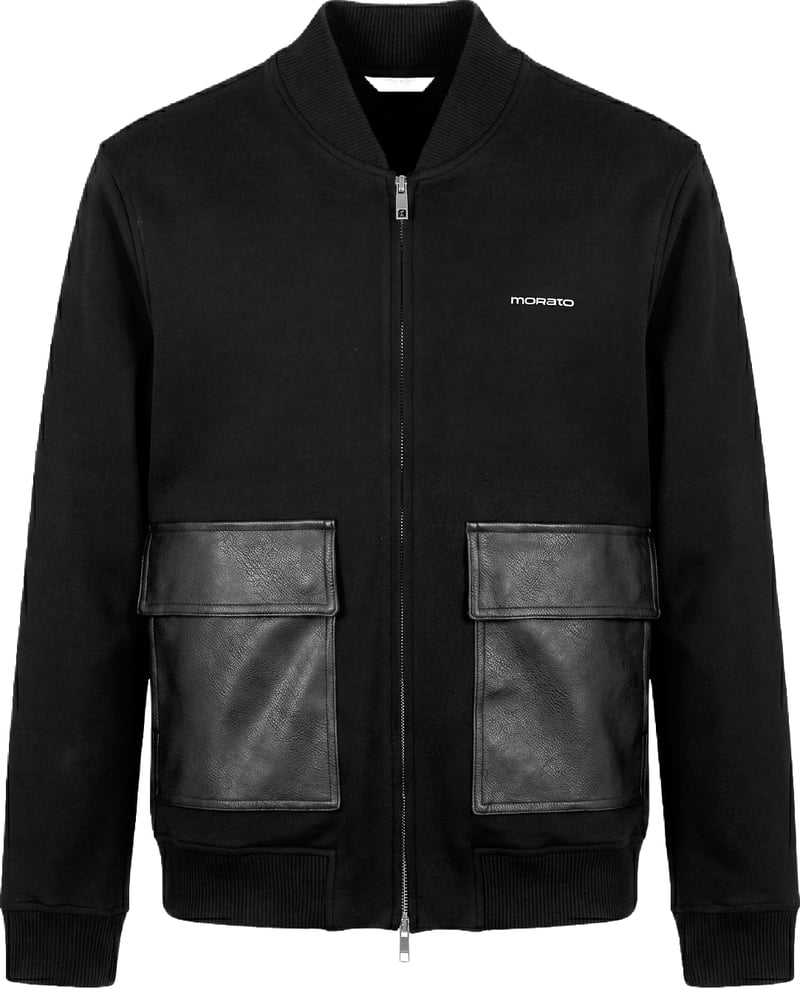 Black regular-fit zip-up fleece with faux leather pockets and silver logo print